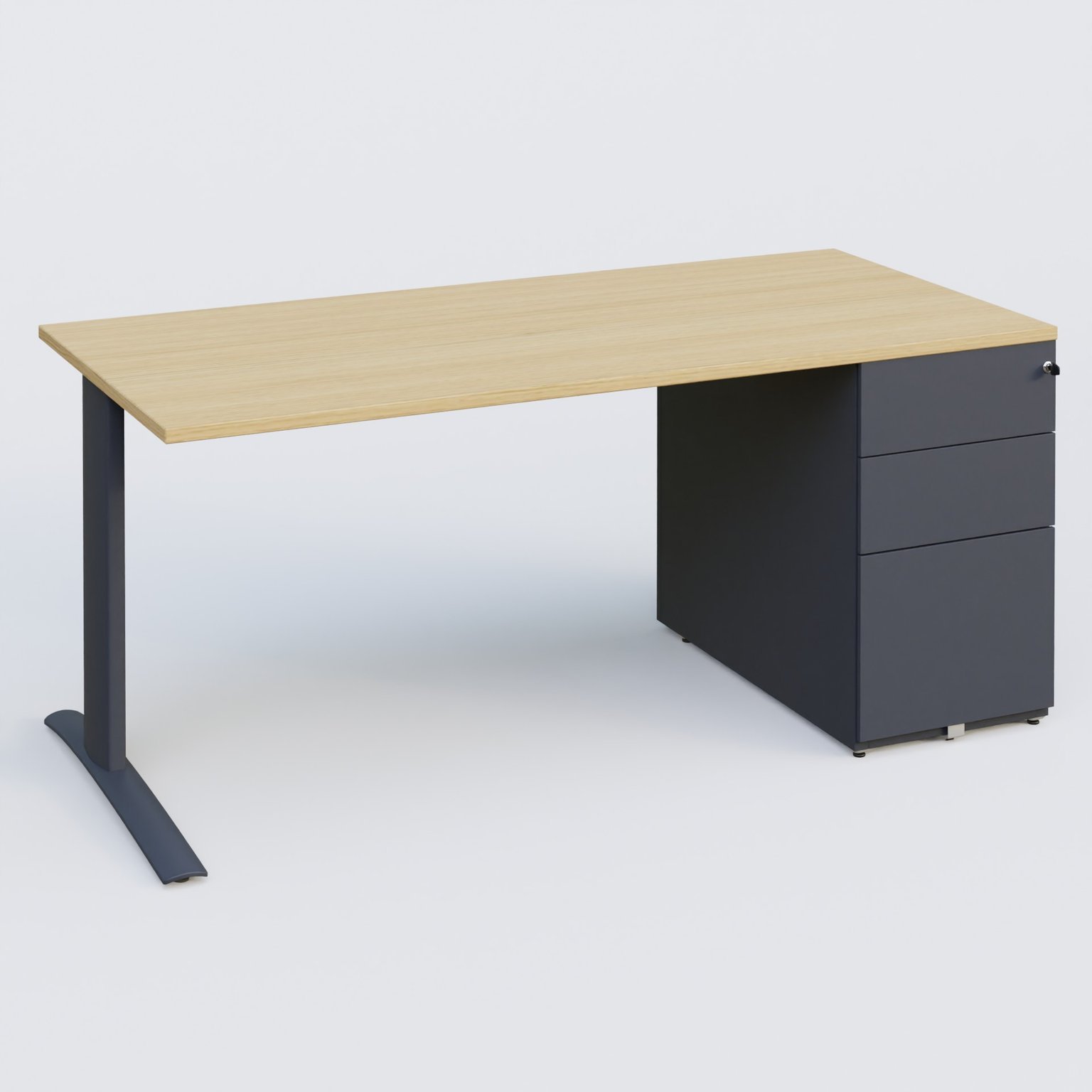 K1 Plateau droit 180x80 avec caisson métal porteur sous plateau à droite. Plateau Chêne clair et pietement Anthracite