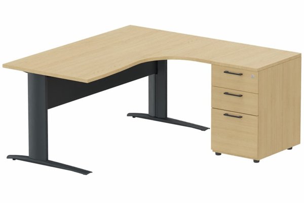 Gamme K1 - Plans compacts - K1 Voile de fond Métal - Plan compact 90° asymétrique 180x162x80/60cm avec caisson HB bois 3 tiroirs - retour à droite -Finitions : PLATEAUX: CHENE (CE) / PIETEMENTS: ANTHRACITE (AN) / CAISSONS MELAMINE: CHENE (CE)
