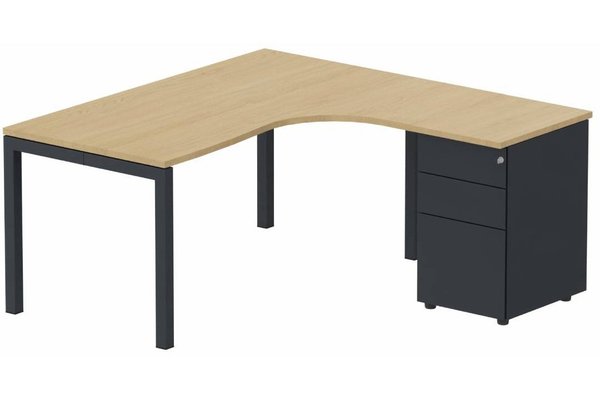 Gamme K3 - Plans compacts - K3- Plan compact 90° asymétrique 160x162x80/60cm avec caisson HB métal 3 tiroirs - retour à droite -Finitions = Plateau et top de finition : Chêne (CE) /Piétements : anthracite (AN)/ Caisson : Anthracite (AN)