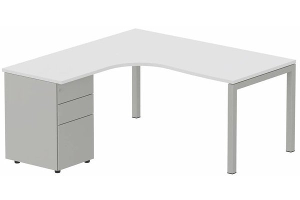 Gamme K3 - Plans compacts - Plan Compact 90° asymétrique 160x162x80/60cm retour à gauche avec caisson HB métal 3 tiroirs blanc/aluminium