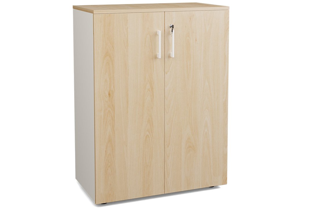 Armoire mélamine H102XL100 cm portes bois, Finitions= Top de finition : hêtre / Corps d'armoire et tablettes : blanc / Façade : hêtre