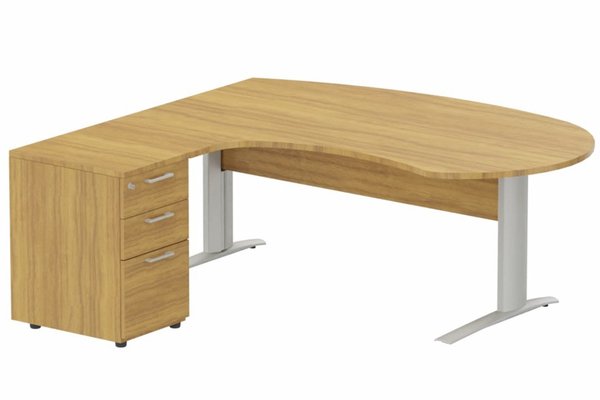 Gamme K1 - Plans compacts - K1 Voile de fond Bois - Plan compact 90° asymétrique Manager 190x183x104/60cm avec caisson HB bois 3 tiroirs - retour à gauche -Finitions : PLATEAUX: NOYER (NO) / PIETEMENTS: ALUMINIUM (AL) / CAISSONS MELAMINE: NOYER (NO)