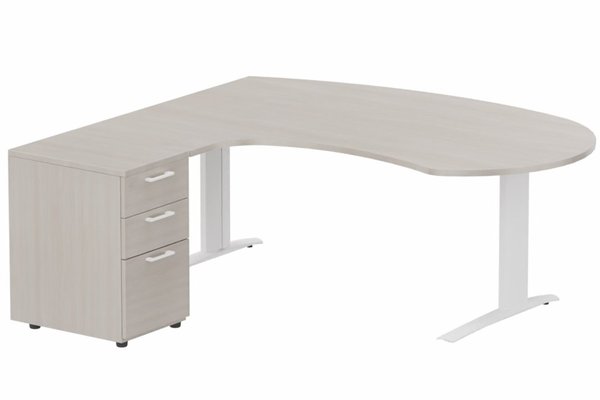 Gamme K1 - Plans compacts - K1 POUTRE compact 90° manager 190x141x104x60cm sur caisson HB mélamine 3 tiroirs, plateau acacia, structure blanc