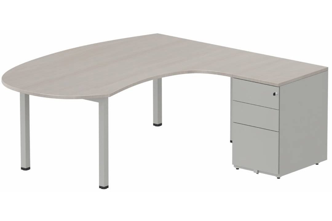K3 compact 90° manager 190x141x104x60cm sur caisson HB métal 3 tiroirs, plateau acacia, structure aluminium