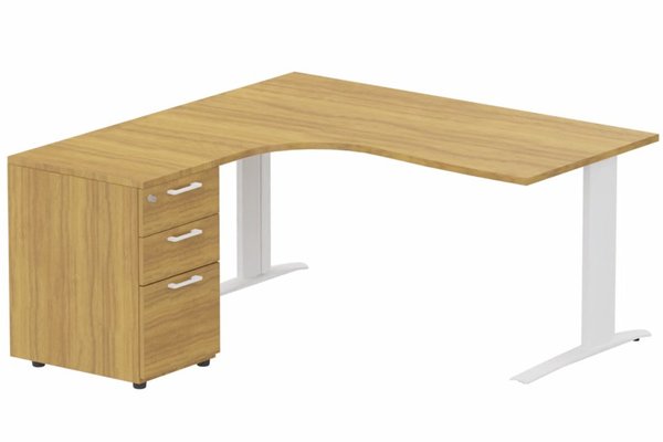 Gamme K1 - Plans compacts - k1 Poutre - Plan compact 90° asymétrique 160x162x80 / 60cm avec caisson HB bois 3 tiroirs - retour à gauche - Finitions : PLATEAUX: NOYER (NO) / PIETEMENTS: BLANC (BL) / CAISSONS MELAMINE: NOYER (NO)