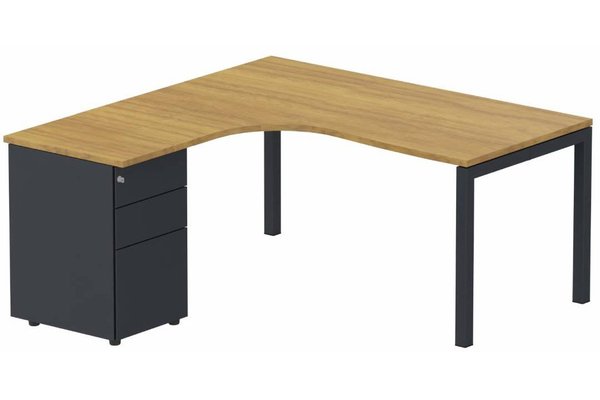 Gamme K3 - Plans compacts - K3- Plan compact 90° asymétrique 160x162x80/60cm avec caisson HB métal 3 tiroirs - retour à gauche -Finitions : PLATEAUX: NOYER (NO) / PIETEMENTS: ANTHRACITE (AN) / CAISSONS METALLIQUES: ANTHRACITE (AN)