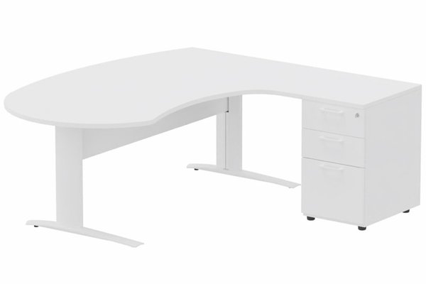 Gamme K1 - Plans compacts - K1 VDF métal compact 90° manager 190x141x104x60cm sur caisson HB mélamine 3 tiroirs, plateau blanc, structure blanc