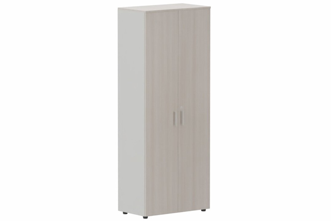 Armoire mélamine H196xL100cm portes bois, Finitions= Top de finition : acacia (AK) / Corps d'armoire et tablettes : aluminium / Façade : Acacia (AK) poignées aluminium