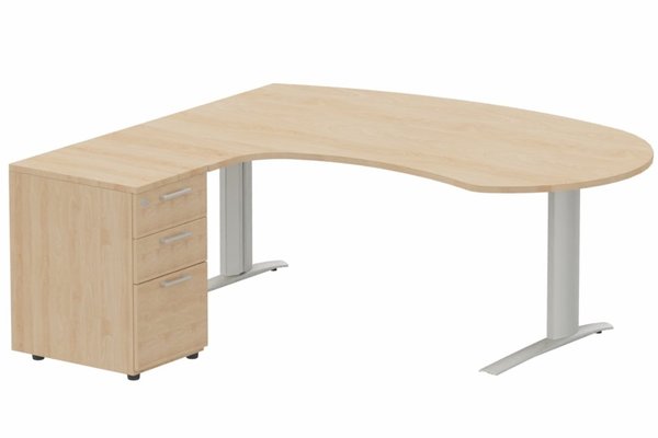 Gamme K1 - Plans compacts - K1 POUTRE compact 90° manager 190x141x104x60cm sur caisson HB mélamine 3 tiroirs, plateau hêtre, structure aluminium