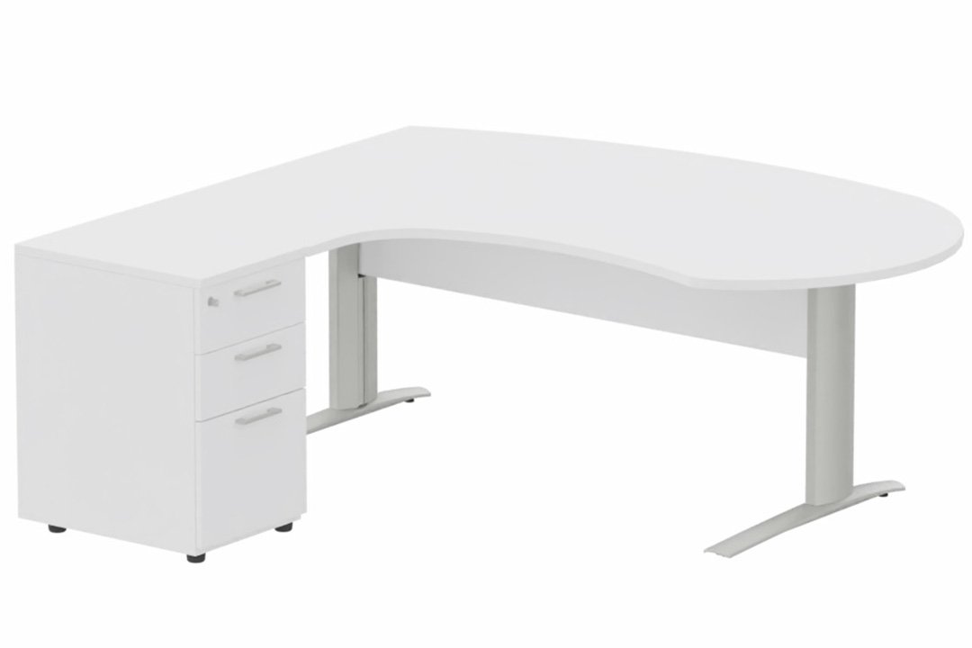 K1 VDF bois compact 90° manager 190x141x104x60cm sur caisson HB mélamine 3 tiroirs, plateau blanc, structure aluminium
