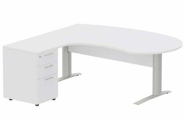 Gamme K1 - Plans compacts - K1 VDF bois compact 90° manager 190x141x104x60cm sur caisson HB mélamine 3 tiroirs, plateau blanc, structure aluminium