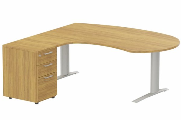 Gamme K1 - Plans compacts - k1 Poutre - Plan compact 90° asymétrique Manager 190x183x104 / 60cm avec caisson HB bois 3 tiroirs - retour à gauche -Finitions : PLATEAUX: NOYER (NO) / PIETEMENTS: ALUMINIUM (AL) / CAISSONS MELAMINE: NOYER (NO)