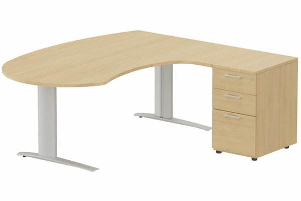 Gamme K1 - Plans compacts - k1 Poutre - Plan compact 90° asymétrique Manager 190x183x104 / 60cm avec caisson HB bois 3 tiroirs - retour à droite -  Finitions = Plateau et top de finition : Chêne (CE) / Piétements: aluminium / Caisson : Chêne (CE)