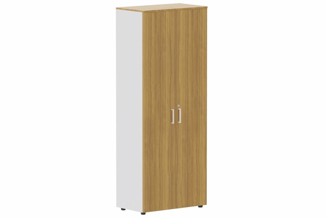Armoire mélamine H196xL100cm portes bois, Finitions= Top de finition : noyer / Corps d'armoire et tablettes : blanc/ façade :noyer