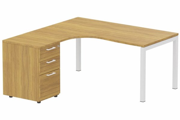Gamme K3 - Plans compacts - K3 Compact 90° asymétrique 160x162x80/60cm retour à gauche avec caisson HB bois 3 tiroirs noyer/ blanc