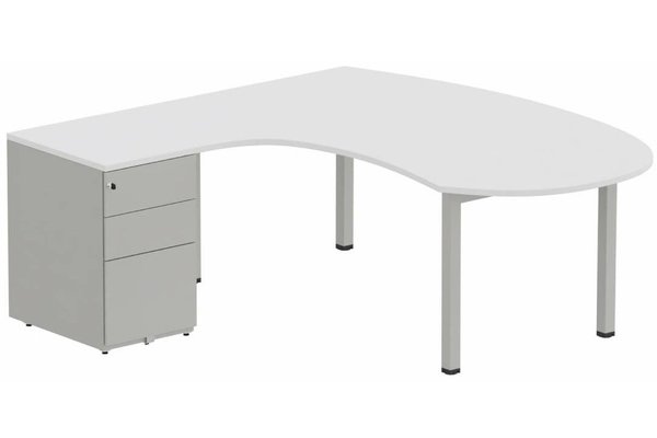 Gamme K3 - Plans compacts - K3 compact 90° manager 190x141x104x60cm sur caisson HB métal 3 tiroirs, plateau blanc, structure aluminium