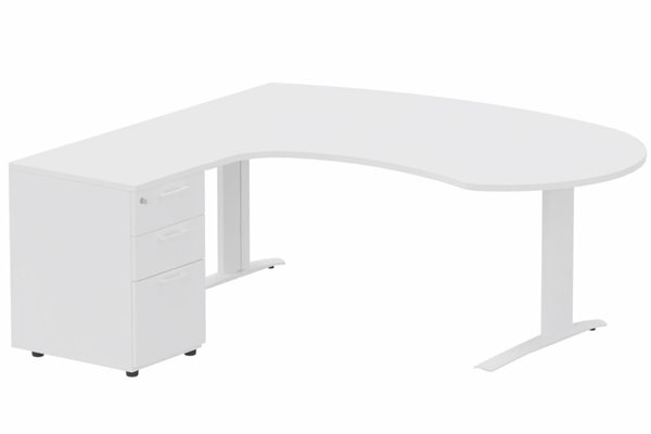 Gamme K1 - Plans compacts - K1 POUTRE compact 90° manager 190x141x104x60cm sur caisson HB mélamine 3 tiroirs, plateau blanc, structure blanc