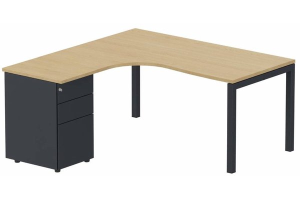 Gamme K3 - Plans compacts - K3- Plan compact 90° asymétrique 160x162x80/60cm avec caisson HB métal 3 tiroirs - retour à gauche -Finitions = Plateau et top de finition : Chêne (CE) /Piétements : Anthracite (AN) /Caisson :Anthracite (AN)