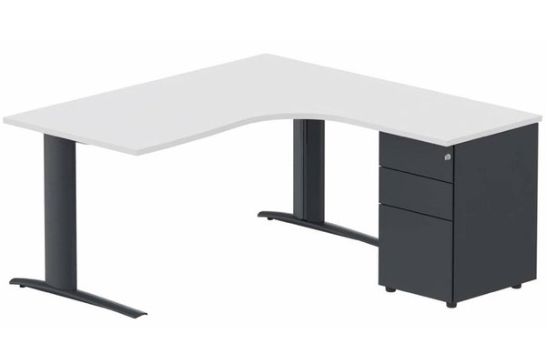 Gamme K1 - Plans compacts - k1 Poutre - Plan compact 90° asymétrique 180x162x80 / 60cm avec caisson HB métal 3 tiroirs - retour à droite - Finitions : PLATEAUX: BLANC (BL) / PIETEMENTS: ANTHRACITE (AN) / CAISSONS METALLIQUES: ANTHRACITE (AN)