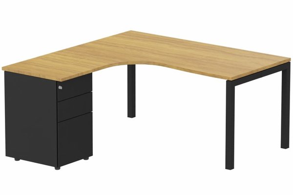 Gamme K3 - Plans compacts - K3- Plan compact 90° asymétrique 160x162x80/60cm avec caisson HB métal 3 tiroirs - retour à gauche -Finitions : PLATEAUX: NOYER (NO) / PIETEMENTS: NOIR GRAINE MAT (NG) / CAISSONS METALLIQUES: NOIR GRAINE MAT (NG)