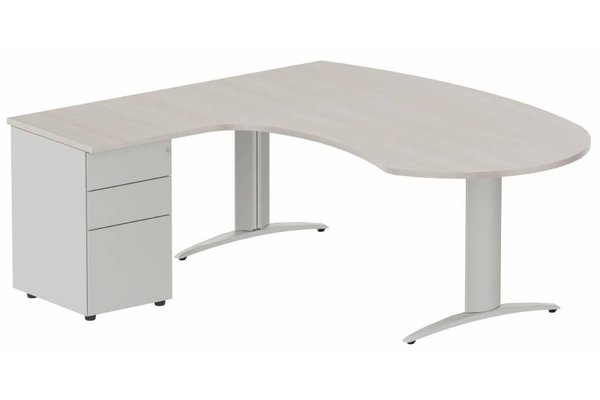 Gamme K2 - Plans compacts - K2 compact 90° manager 190x141x104x60cm sur caisson HB métal 3 tiroirs, plateau acacia, structure aluminium