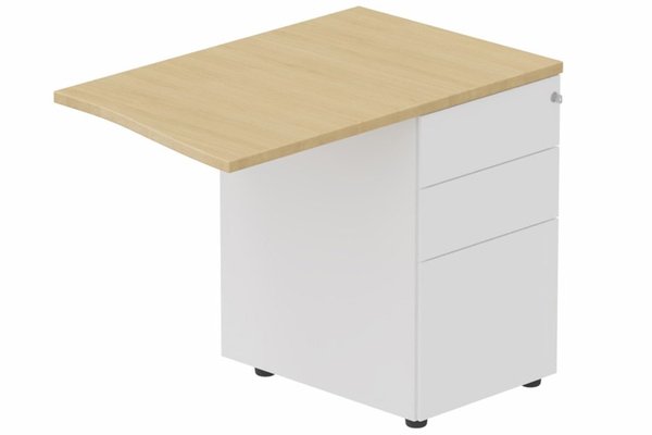 Gamme K3 - Extensions - Plans vagues - K3- Retour direct vague 90x60 sur caisson HB métal 3 tiroirs à droite - Finitions- Plateau et top caisson : Chêne (CE) / Piétements et caisson :Blanc (BL)