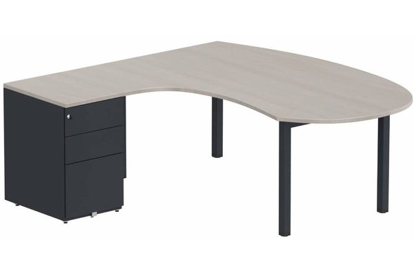 Gamme K3 - Plans compacts - K3 compact 90° manager 190x141x104x60cm sur caisson HB métal 3 tiroirs, plateau acacia, structure anthracite