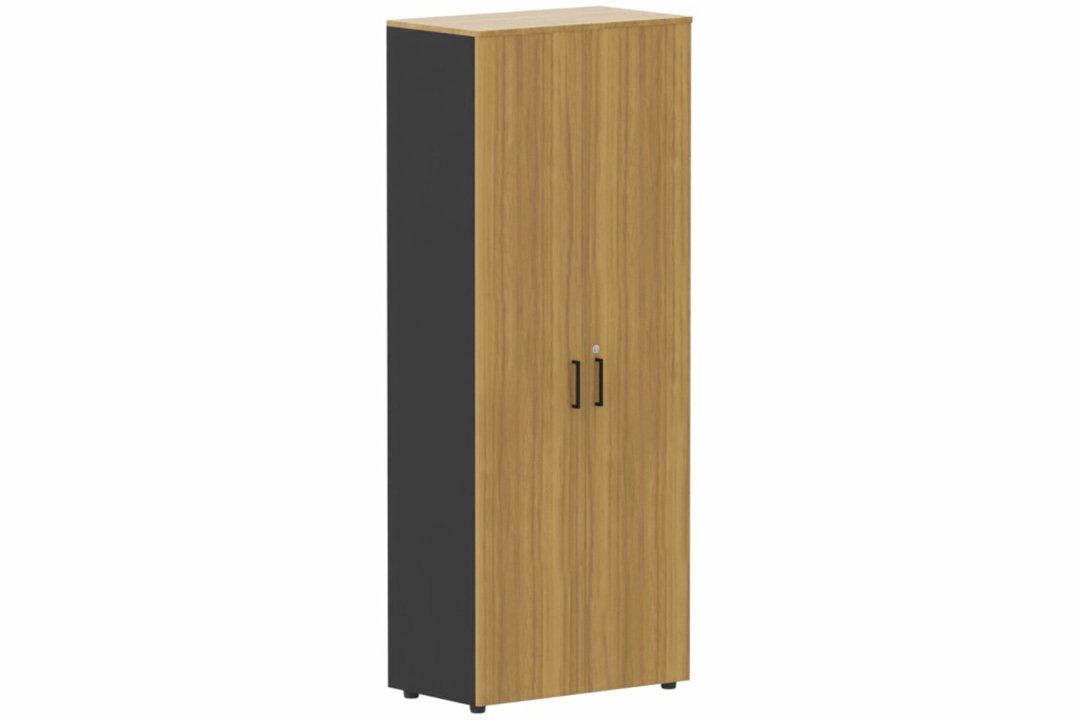 Armoire mélamine H196xL100cm portes bois, Finitions= Top de finition : noyer / Corps d'armoire et tablettes : noir / Façade :noyer