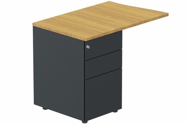 Gamme K1 - Extensions - Plans vagues - K1- Retour direct vague 90x60 sur caisson HB métal 3 tiroirs à gauche -Finitions : PLATEAUX: NOYER (NO) / PIETEMENTS: ANTHRACITE (AN)