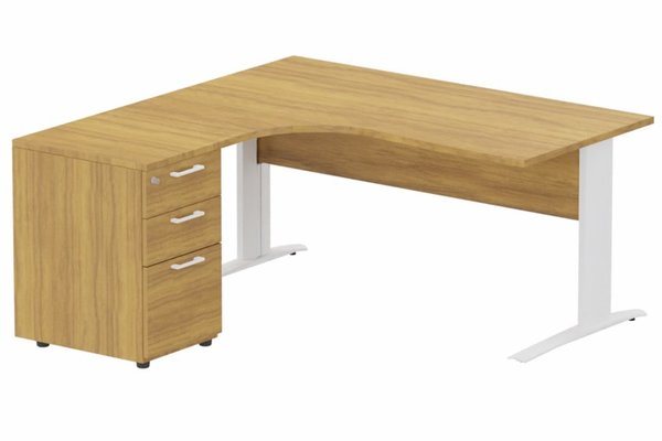 Gamme K1 - Plans compacts - K1 Voile de fond Bois - Plan compact 90° asymétrique 180x162x80/60cm avec caisson HB bois 3 tiroirs - retour à gauche -Finitions : PLATEAUX: NOYER (NO) / PIETEMENTS: BLANC (BL) / CAISSONS MELAMINE: NOYER (NO)