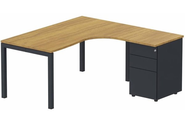 Gamme K3 - Plans compacts - K3 Compact 90° asymétrique 160x162x80/60cm retour à droite avec caisson HB métal 3 tiroirs, plateau noyer, structure anthracite