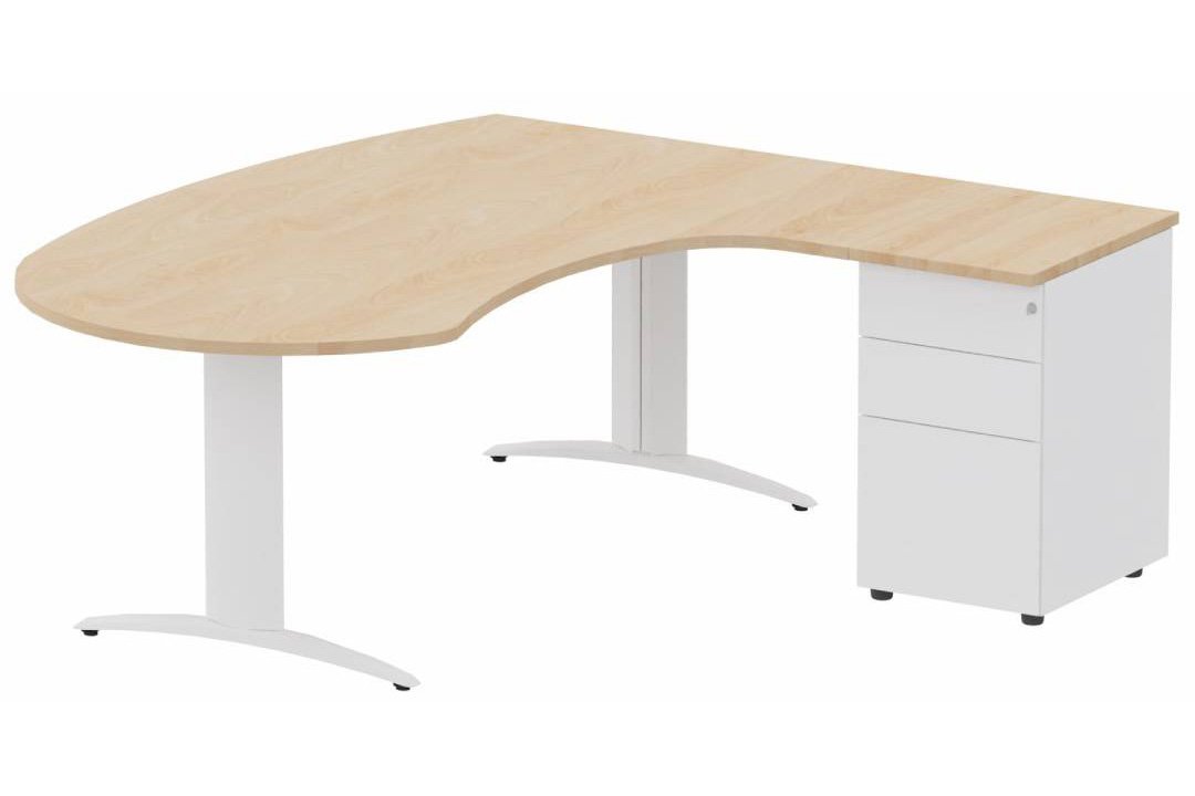 K2 compact 90° manager 190x141x104x60cm sur caisson HB métal 3 tiroirs, plateau hêtre, structure blanc