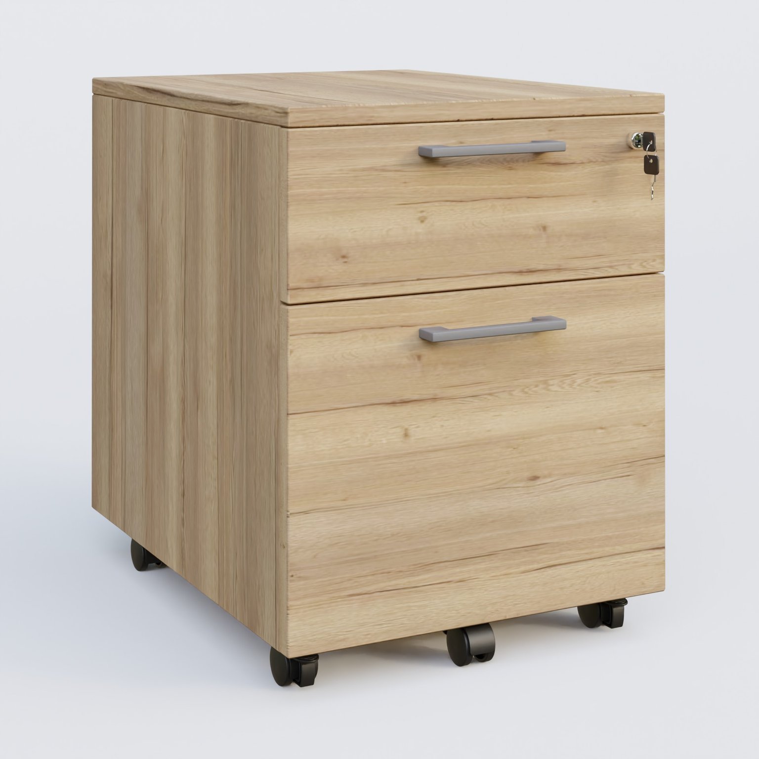 Caisson mobile mélamine 2 tiroirs, hauteur 55 cm. Caisson Chêne naturel et poignets Aluminium.