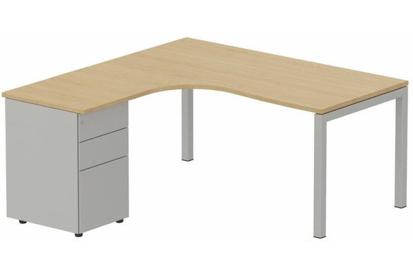 Gamme K3 - Plans compacts - K3- Plan compact 90° asymétrique 180x162x80/60cm avec caisson HB métal 3 tiroirs - retour à gauche Finitions- Plateau et top caisson : Chêne (CE) / Piétements et caisson : Alu