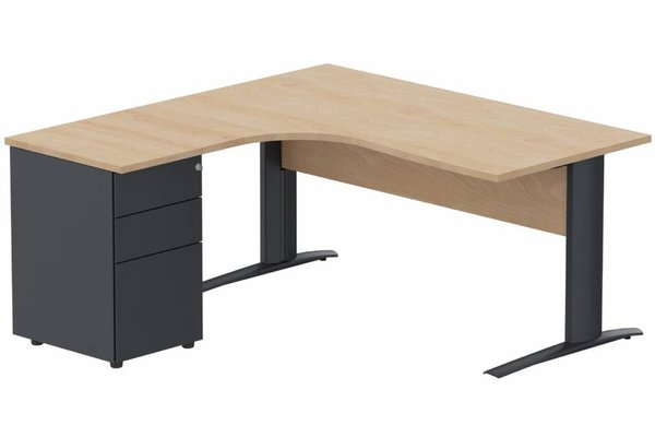 Gamme K1 - Plans compacts - K1 VDF BOIS Compact 90° asymétrique 180x162x80/60cm retour à gauche avec caisson HB métal 3 tiroirs hêtre/anthracite