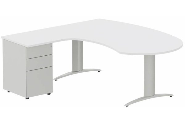 Gamme K2 - Plans compacts - K2 compact 90° manager 190x141x104x60cm sur caisson HB métal 3 tiroirs, plateau blanc, structure aluminium