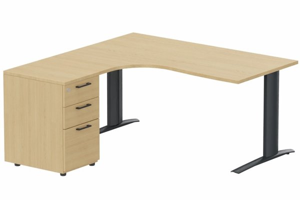 Gamme K1 - Plans compacts - k1 Poutre - Plan compact 90° asymétrique 180x162x80 / 60cm avec caisson HB bois 3 tiroirs - retour à gauche -Finitions : PLATEAUX: CHENE (CE) / PIETEMENTS: ANTHRACITE (AN) / CAISSONS MELAMINE: CHENE (CE)