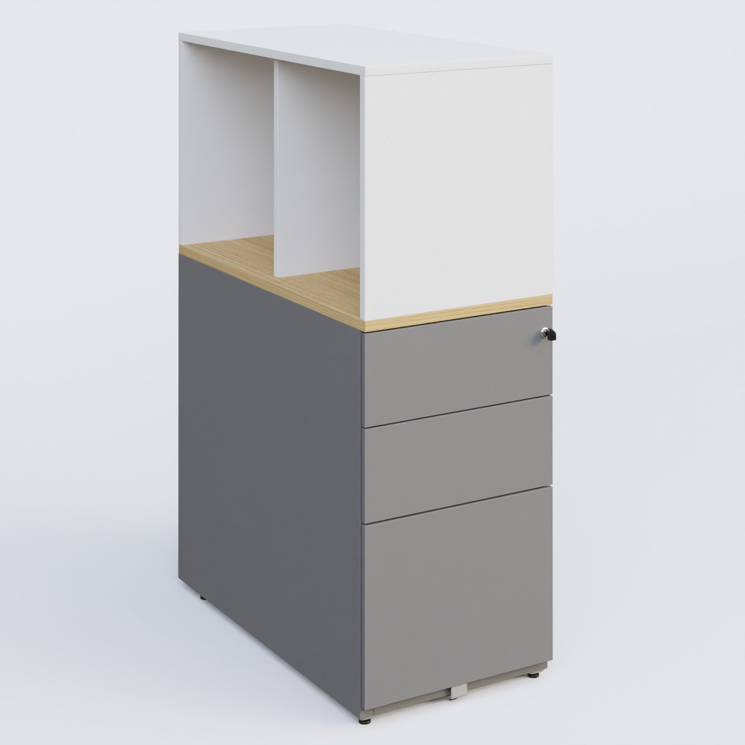 Caisson HB 3 tiroirs avec niche. Caisson Aluminium top de finition Chêne clair et niche blanche.