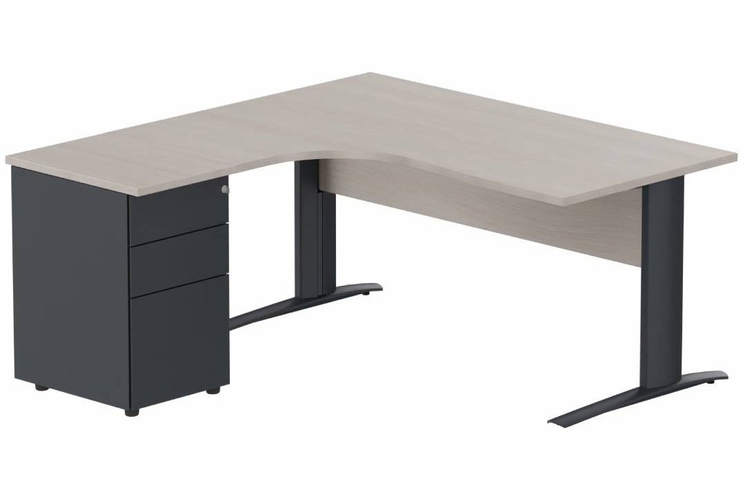 K1 VDF BOIS Compact 90° asymétrique 160x162x80/60cm retour à gauche avec caisson HB métal 3 tiroirs, plateau acacia, structu