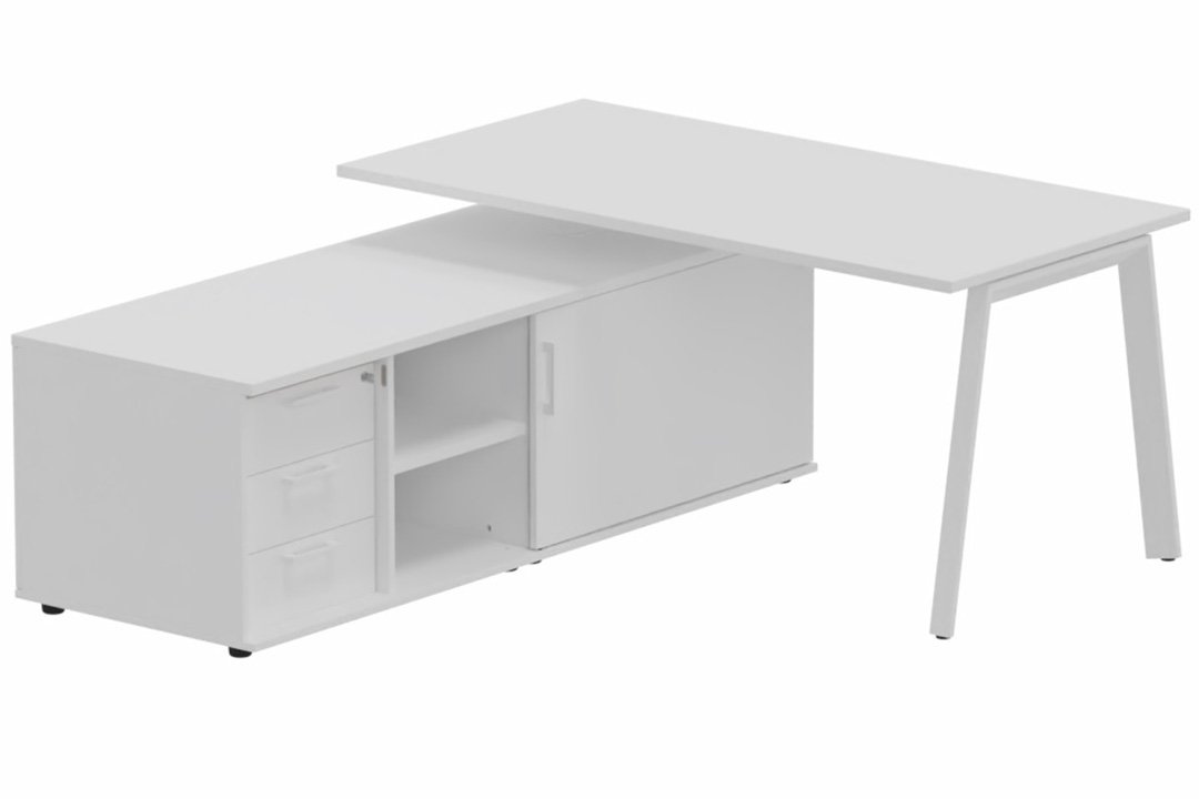 K8 Plan 180x80 avec meuble porteur (L180xP64) avec caisson 3T intégré - meuble à gauche -Finitions = Plateau et top de finition : Blanc / Piétement :Blanc (BL) / Corps du meuble : Blanc /Façade : Blanc