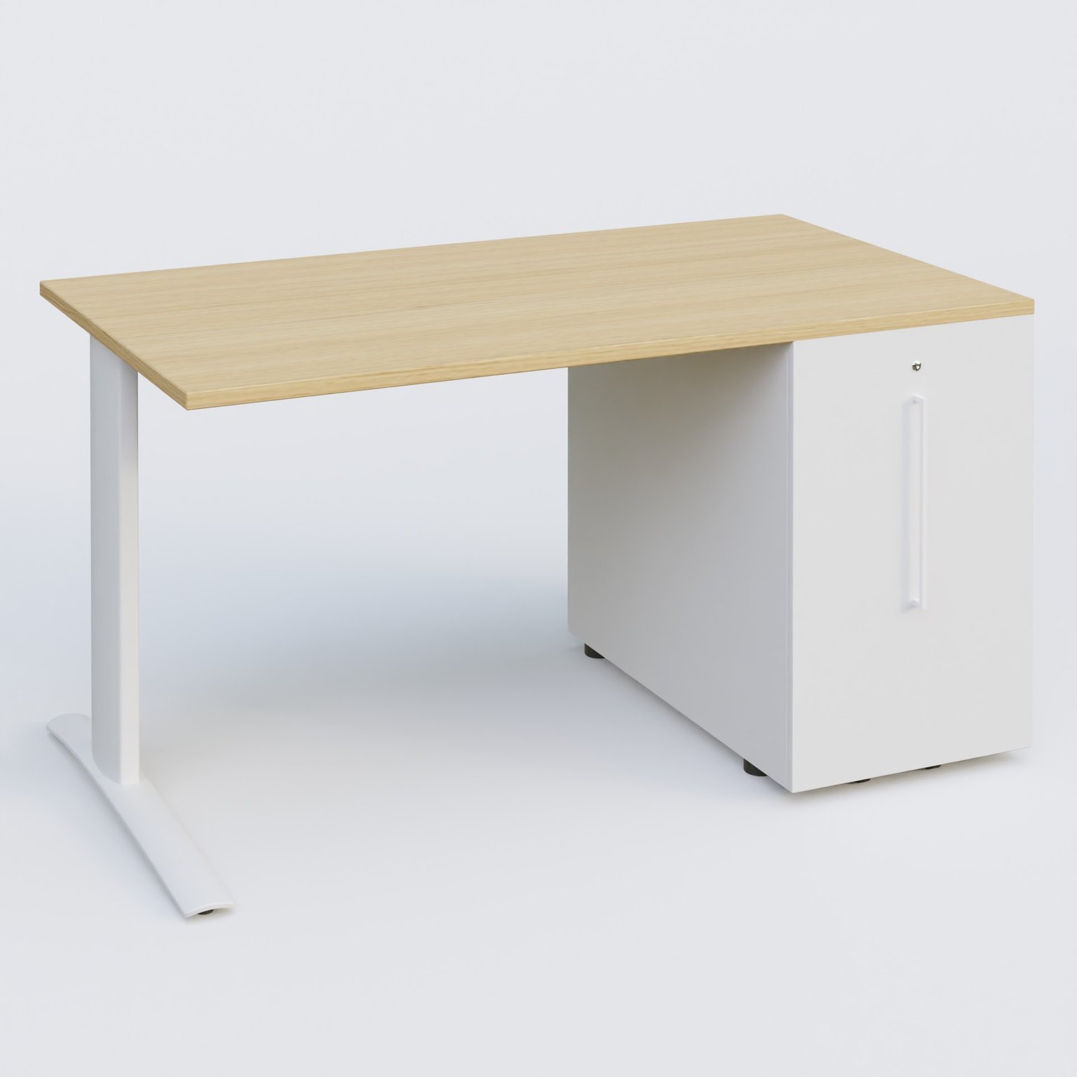 K1 Plateau droit 140x80 avec tour de rangement sous plateau à droite. Plateau Chêne clair et pietement Blanc