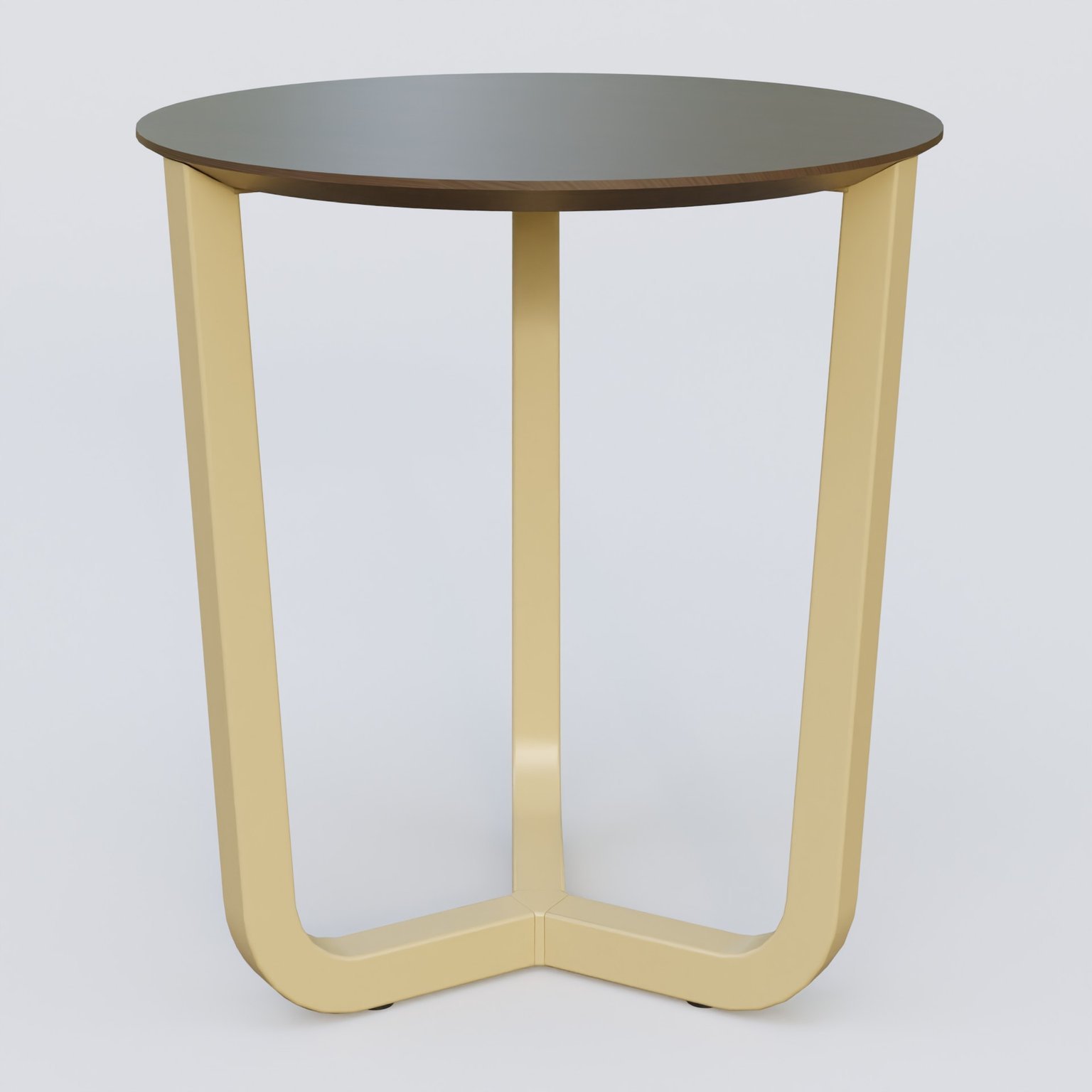 Table Basse Fashion Styl piètement tryptique en métal et plateau bois. Plateau Chêne Moka et pietement Jaune Cuivre (RAL 1002).
