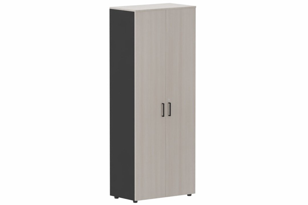Armoire mélamine H196xL100cm portes bois, Finitions= Top de finition : acacia (AK) / Corps d'armoire et tablettes : Noir (NR)/ Façade : Acacia (AK) poignées (N)
