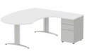 K2 compact 90° manager 190x141x104x60cm sur caisson HB métal 3 tiroirs, plateau blanc, structure aluminium