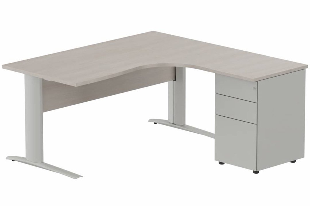 K1 VDF BOIS Compact 90° asymétrique 180x162x80/60cm retour à droite avec caisson HB métal 3 tiroirs, plateau acacia, structu