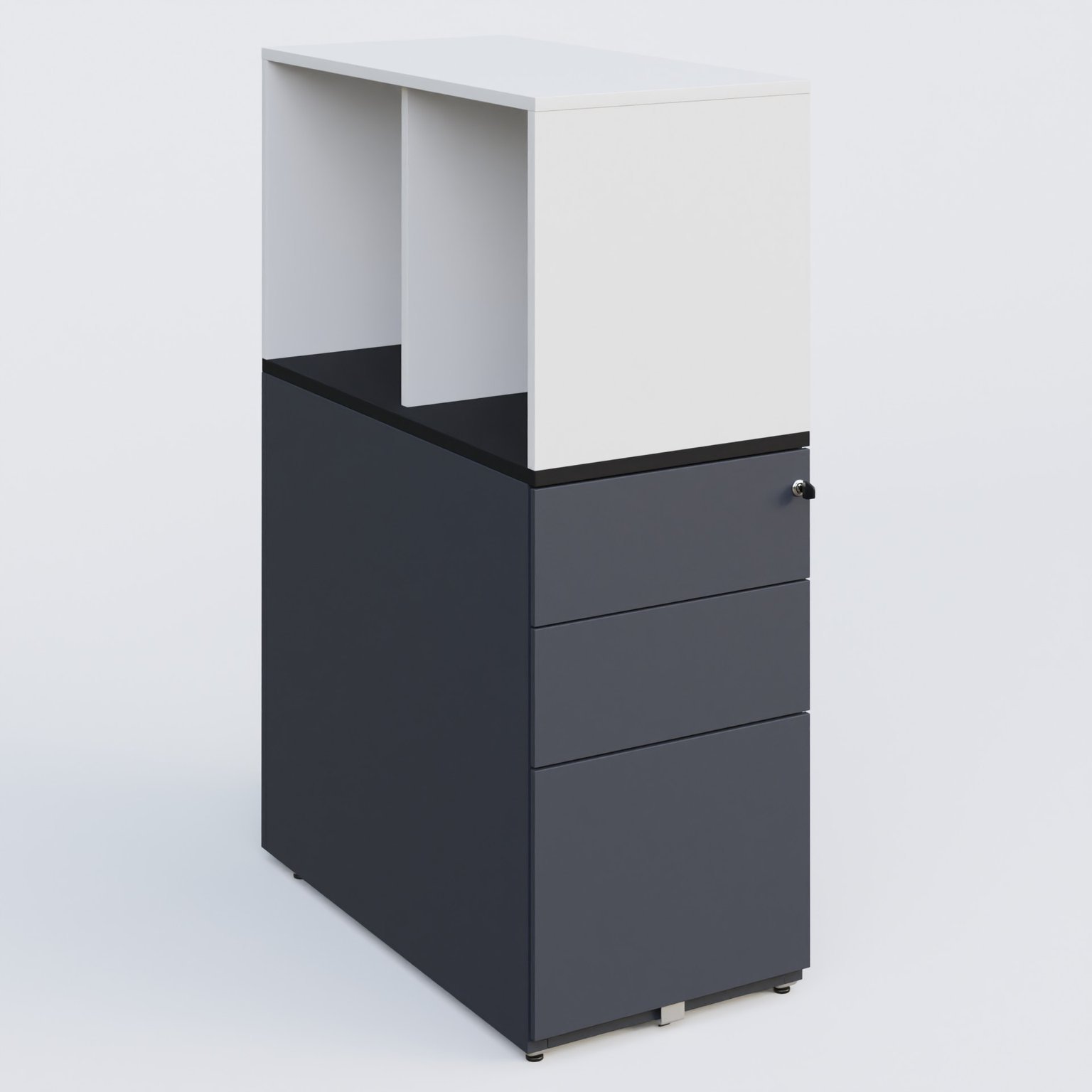 Caisson HB 3 tiroirs avec niche. Caisson Anthracite top de finition Noir Mat et niche blanche.