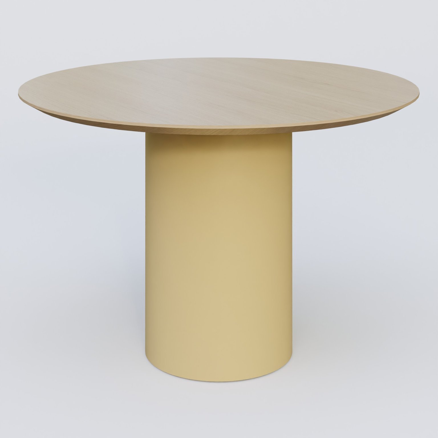 Table Basse Fashion Styl piètement colonne en métal D-26cm et plateau bois. Plateau Chêne et pietement Jaune Cuivre (RAL 1002).