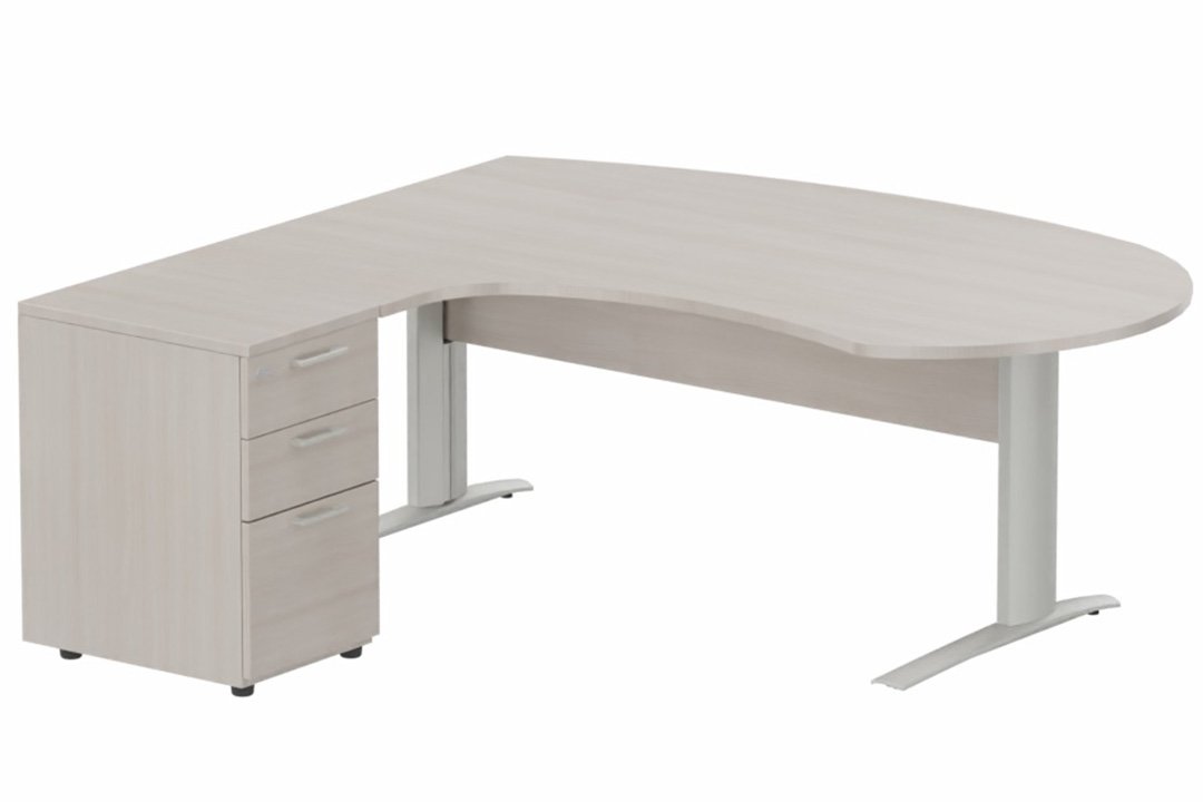 K1 VDF bois compact 90° manager 190x141x104x60cm sur caisson HB mélamine 3 tiroirs, plateau acacia, structure aluminium