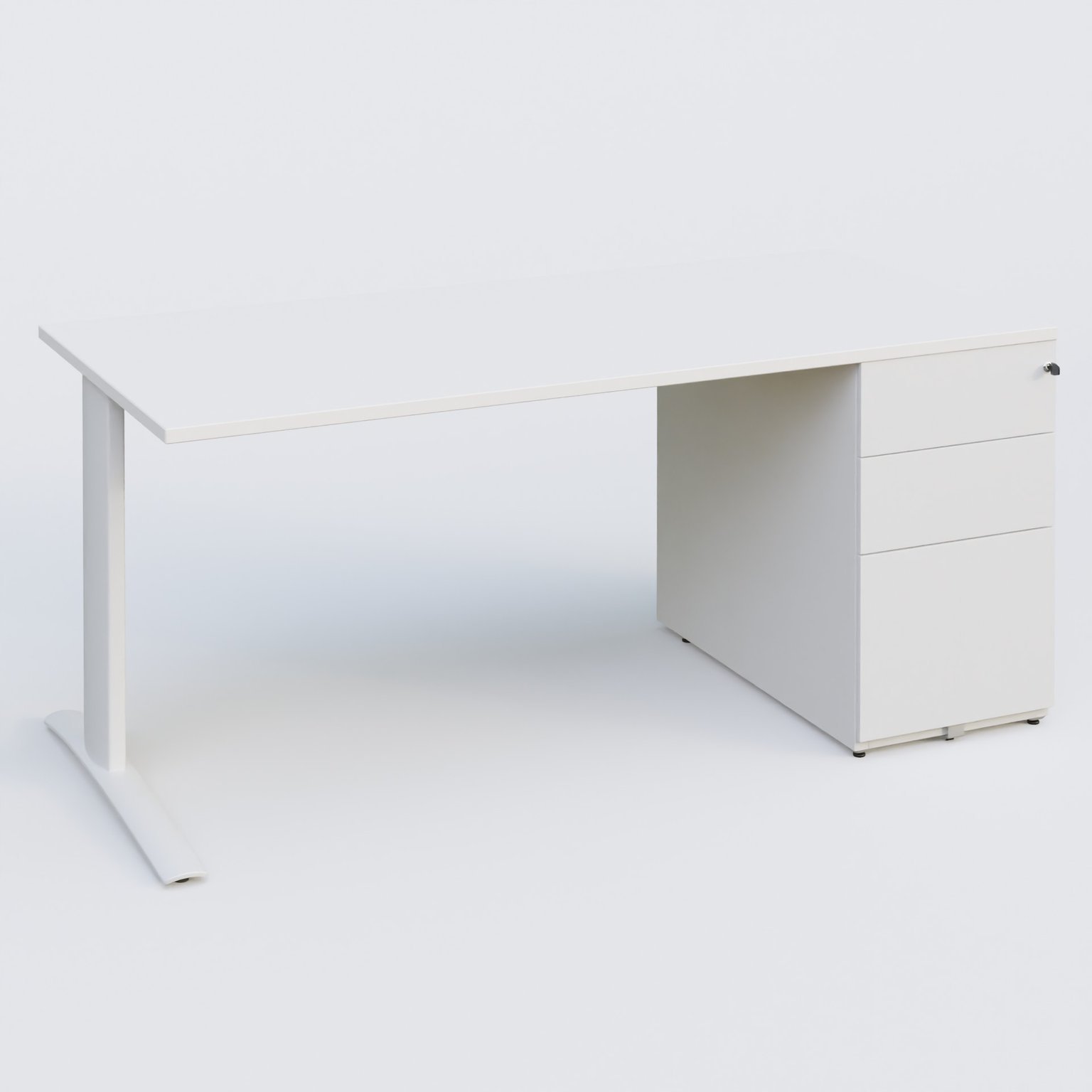 K1 Plateau droit 180x80 avec caisson métal porteur sous plateau à droite. Plateau Blanc et pietement Blanc