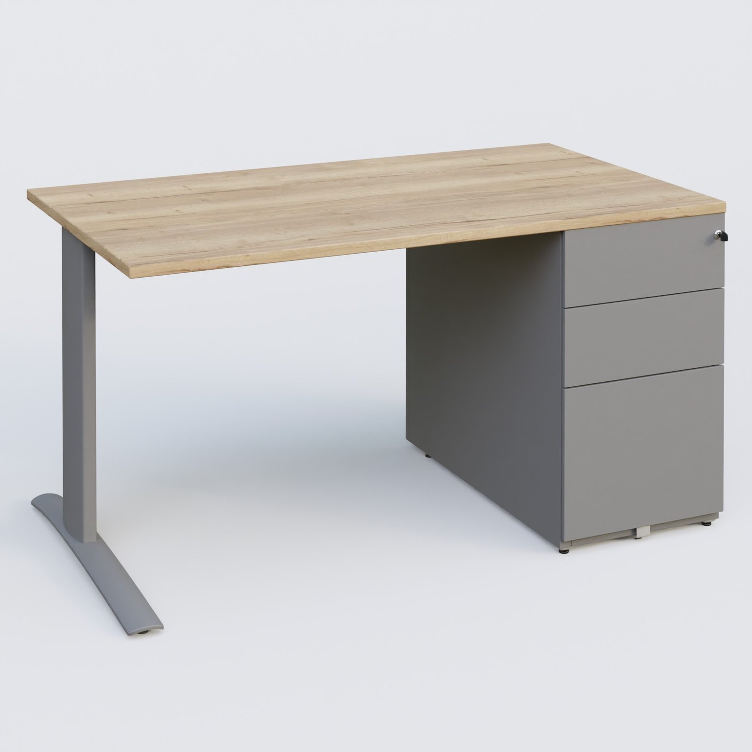 K1 Plateau droit 140x80 avec caisson métal porteur sous plateau à droite. Plateau Chêne naturel et pietement Aluminium